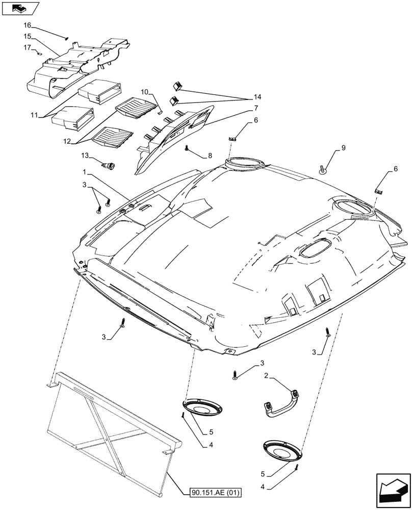 Схема запчастей Case IH MAXXUM 110 - (90.160.AX[01]) - VAR - 331515, 331520, 335293, 390579, 743729 - CAB HEADLINER L/HVW L/ELEC MIRRORS (90) - PLATFORM, CAB, BODYWORK AND DECALS
