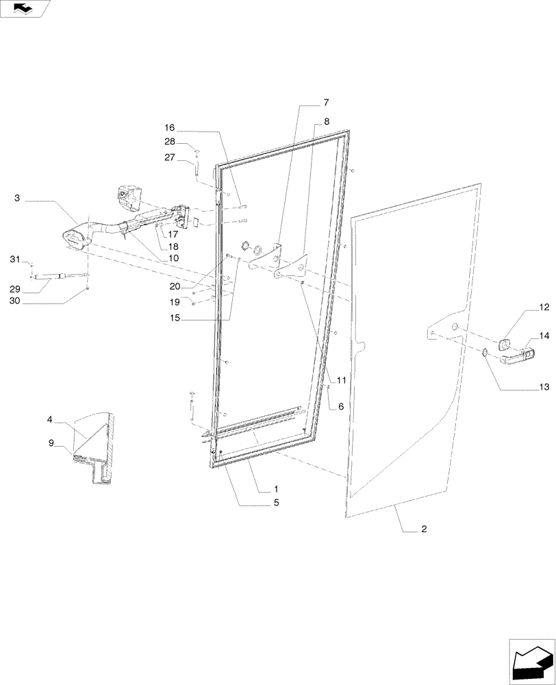 Схема запчастей Case IH A8800 - (90.154.AA[01]) - CAB DOOR, LH (90) - PLATFORM, CAB, BODYWORK AND DECALS