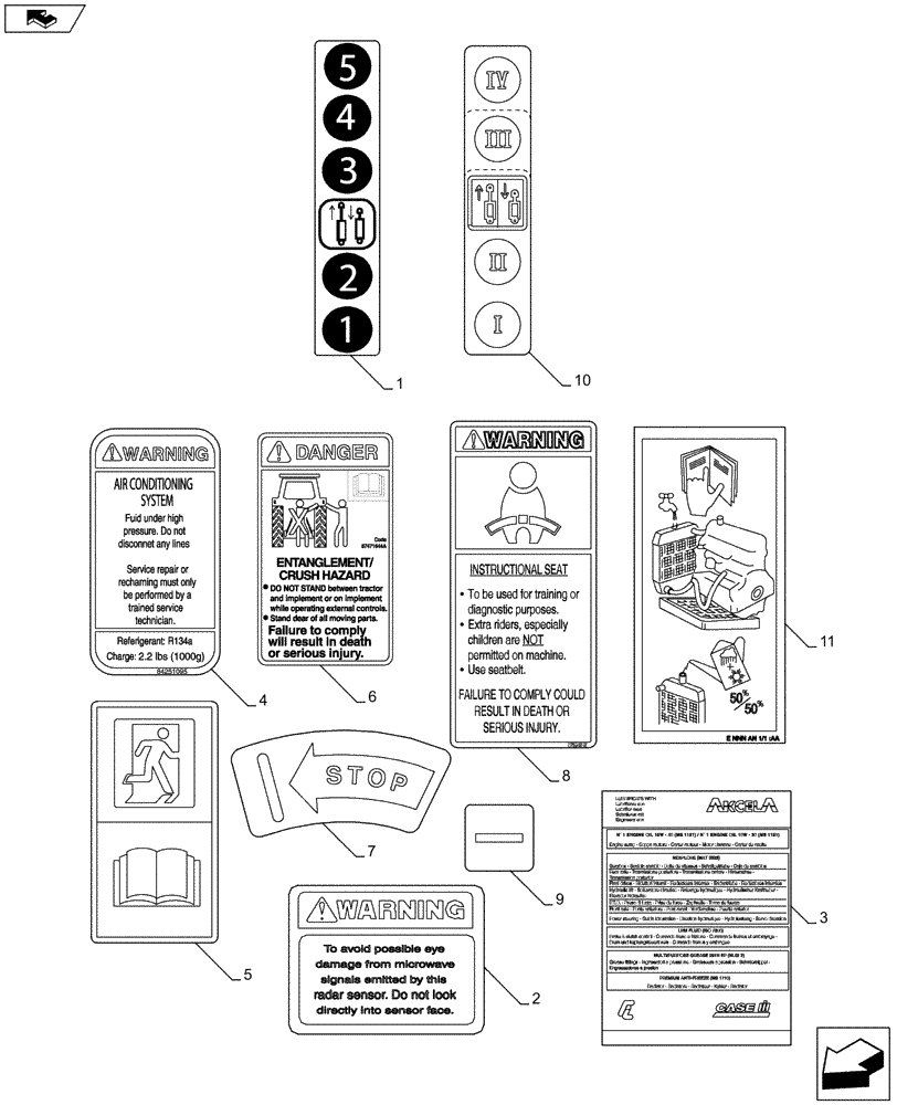 Схема запчастей Case IH MAXXUM 115 - (90.108.AC[05]) - VAR - 330007, 335007, 743726, 334703 - NORTH AMERICA VERSION - SAFETY OR FUNCTIONAL DECALS (90) - PLATFORM, CAB, BODYWORK AND DECALS