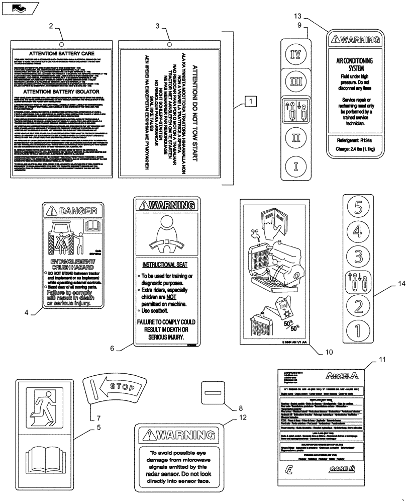 Схема запчастей Case IH MAXXUM 110 - (90.108.AC[06]) - VAR - 330007, 335007, 743726, 334703 - NORTH AMERICA VERSION - SAFETY OR FUNCTIONAL DECALS (90) - PLATFORM, CAB, BODYWORK AND DECALS