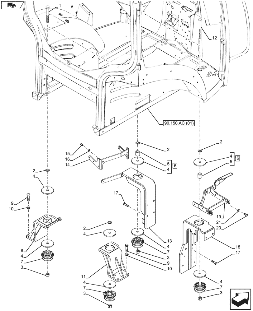 Схема запчастей Case IH MAXXUM 110 - (90.150.AJ[01]) - VAR - 331659, 335077, 338928, 391658 - CAB SUPPORT, WITHOUT CAB SUSPENSION (90) - PLATFORM, CAB, BODYWORK AND DECALS
