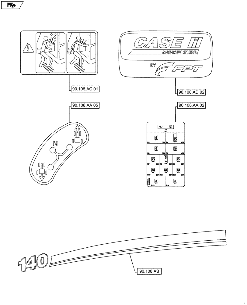 Схема запчастей Case IH MAXXUM 110 - (90.000.00[04]) - SECTION INDEX - PLATFORM, CAB, BODYWORK AND DECALS (90) - PLATFORM, CAB, BODYWORK AND DECALS