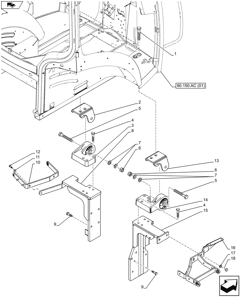 Схема запчастей Case IH MAXXUM 110 - (90.150.AJ[02]) - VAR - 330658, 331658, 332077, 391658 - CAB SUPPORT, WITH CAB SUSPENSION (90) - PLATFORM, CAB, BODYWORK AND DECALS