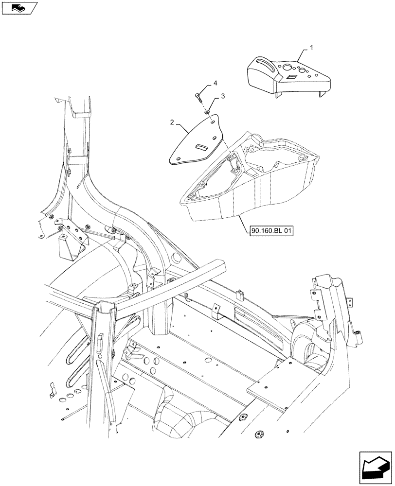 Схема запчастей Case IH MAXXUM 115 - (90.160.BL[06]) - VAR - 332802, 743679 - POWER TAKE-OFF WITH GROUND SPEED - CONTROLS COVER - RH (90) - PLATFORM, CAB, BODYWORK AND DECALS
