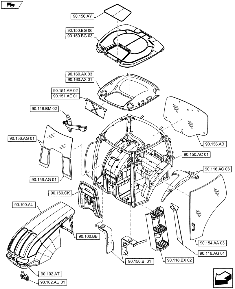 Схема запчастей Case IH MAXXUM 115 - (90.000.00[02]) - SECTION INDEX - PLATFORM, CAB, BODYWORK AND DECALS (90) - PLATFORM, CAB, BODYWORK AND DECALS