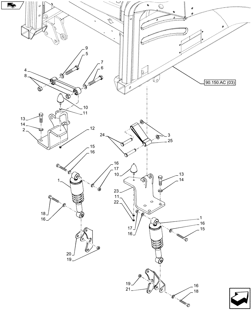 Схема запчастей Case IH MAXXUM 110 - (90.150.AJ[03]) - VAR - 330658, 331658, 332077, 391658 - CAB SUPPORT, WITH CAB SUSPENSION (90) - PLATFORM, CAB, BODYWORK AND DECALS
