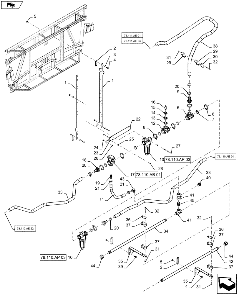 Схема запчастей Case IH 2240 - (78.110.AE[23]) - BOOM PLUMBING, CENTER, 20"/30" NOZZLE SPACING, 5 SECTION, 90 (78) - SPRAYING