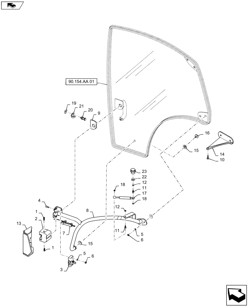 Схема запчастей Case IH MAXXUM 115 - (90.154.AA[02]) - VAR - 331619 + STD - RH CAB DOOR (90) - PLATFORM, CAB, BODYWORK AND DECALS