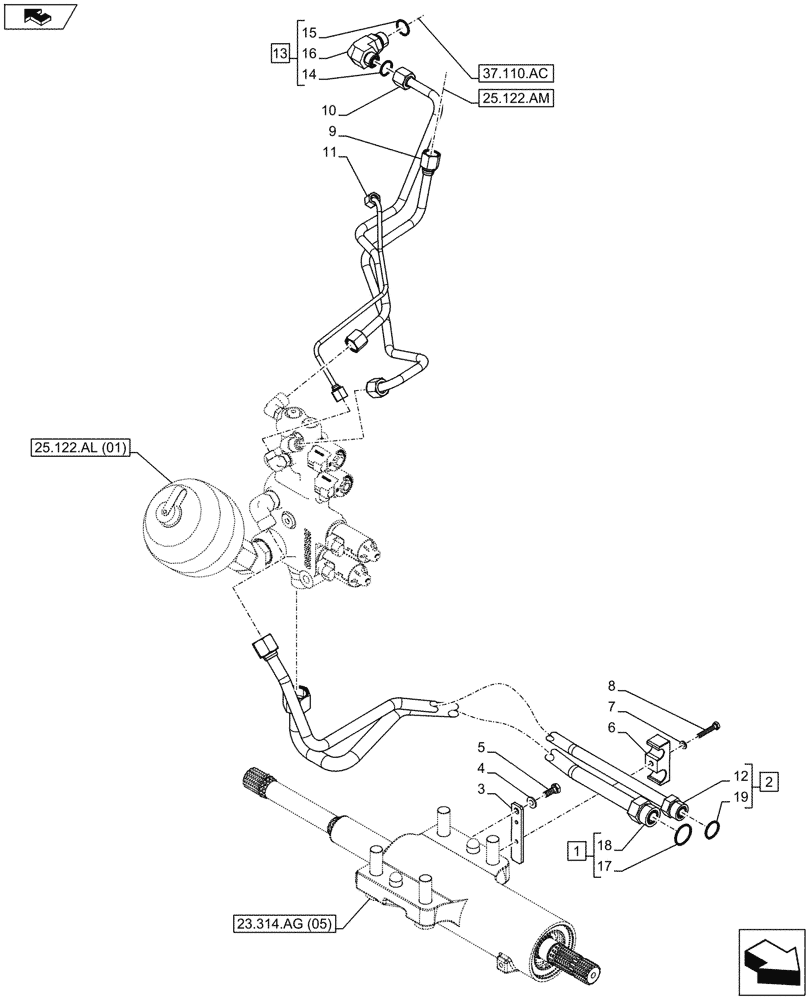 Схема запчастей Case IH MAXXUM 110 - (25.122.AL[02]) - VAR - 330414, 330427, 330429, 330430 - SUSPENDED FRONT AXLE, PIPE (25) - FRONT AXLE SYSTEM
