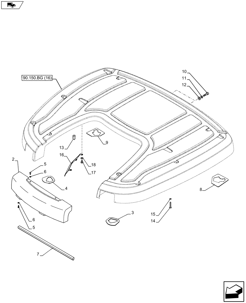 Схема запчастей Case IH MAXXUM 110 - (90.150.BG[11]) - VAR - 335789 - CAB ROOF, COMPONENTS, W/HVW (90) - PLATFORM, CAB, BODYWORK AND DECALS