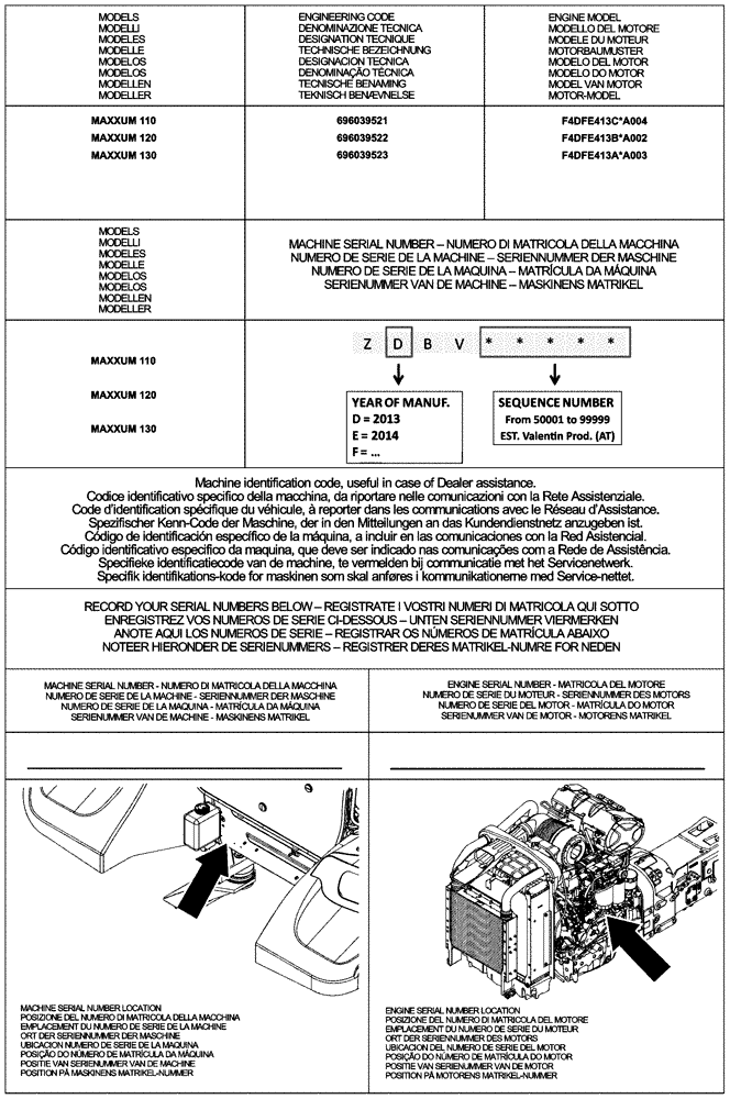 Схема запчастей Case IH MAXXUM 130 - (00.100.01) - IDENTIFICATION PLATE AND VERSION LIST (00) - GENERAL & PICTORIAL INDEX