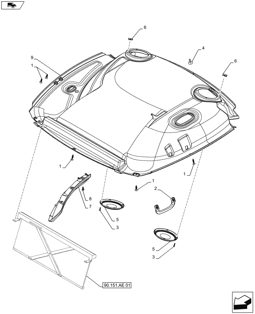 Схема запчастей Case IH MAXXUM 140 - (90.160.AX[03]) - VAR - 331827, 743710 + STD - CAB INTERIOR TRIM WITH SUN CURTAIN FOR ROOF WITH HIGH PROFILE - HEADLINER - C9018 (90) - PLATFORM, CAB, BODYWORK AND DECALS