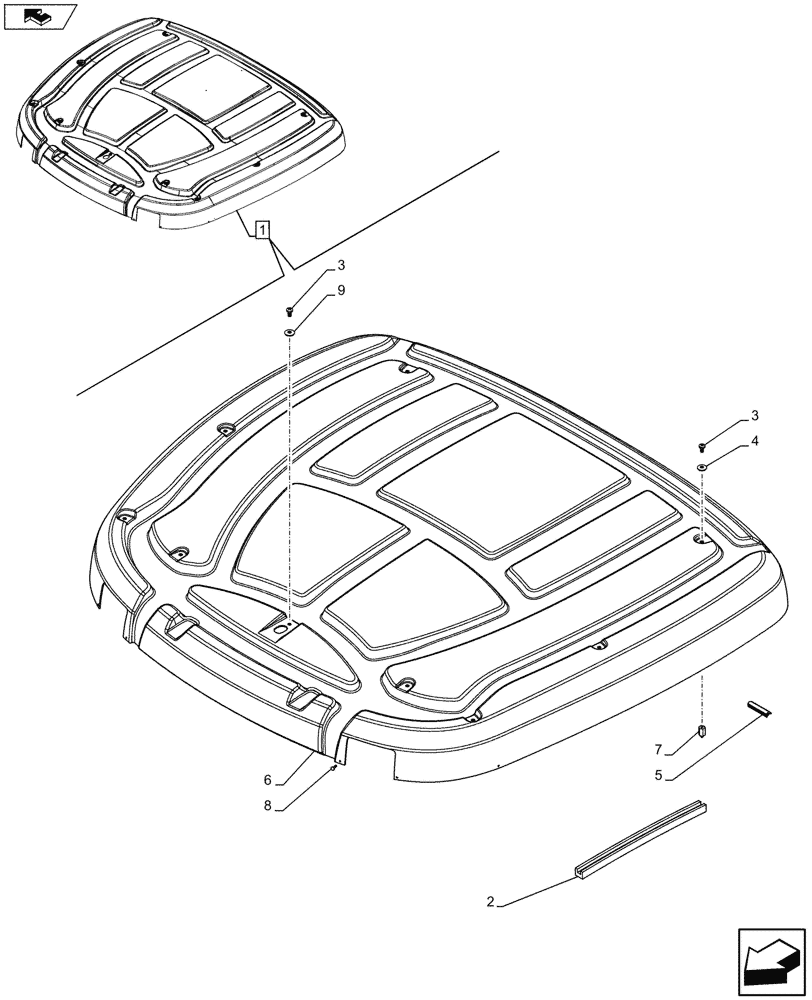 Схема запчастей Case IH MAXXUM 110 - (90.150.BG[09]) - VAR - 331515 - CAB ROOF, OUTER L/HVW (90) - PLATFORM, CAB, BODYWORK AND DECALS