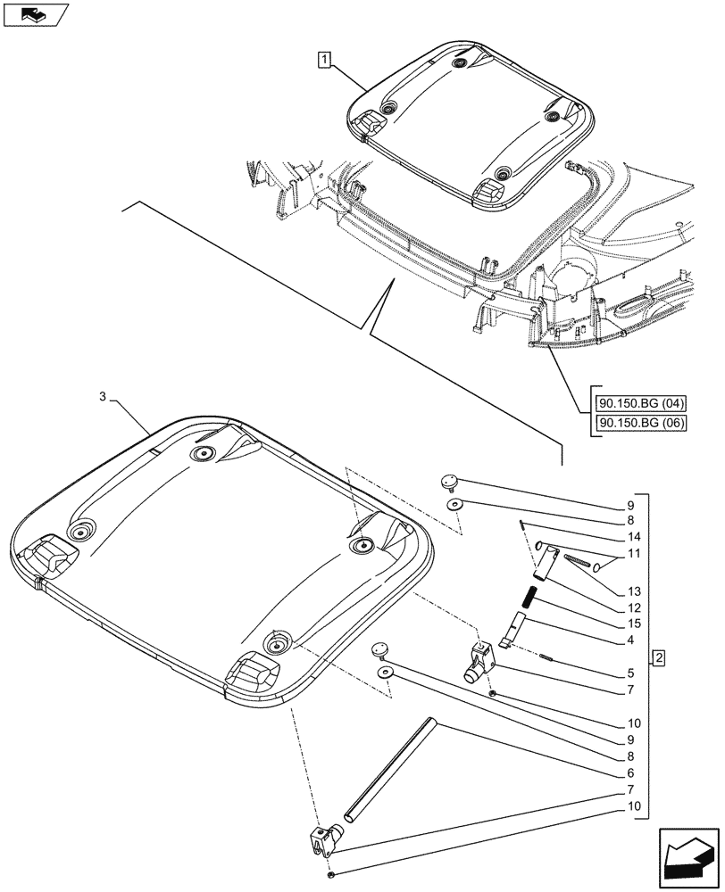 Схема запчастей Case IH MAXXUM 110 - (90.150.BC) - VAR - 330520, 330571, 330574, 330571, 335789, 392500 - ROOF, HATCH (90) - PLATFORM, CAB, BODYWORK AND DECALS