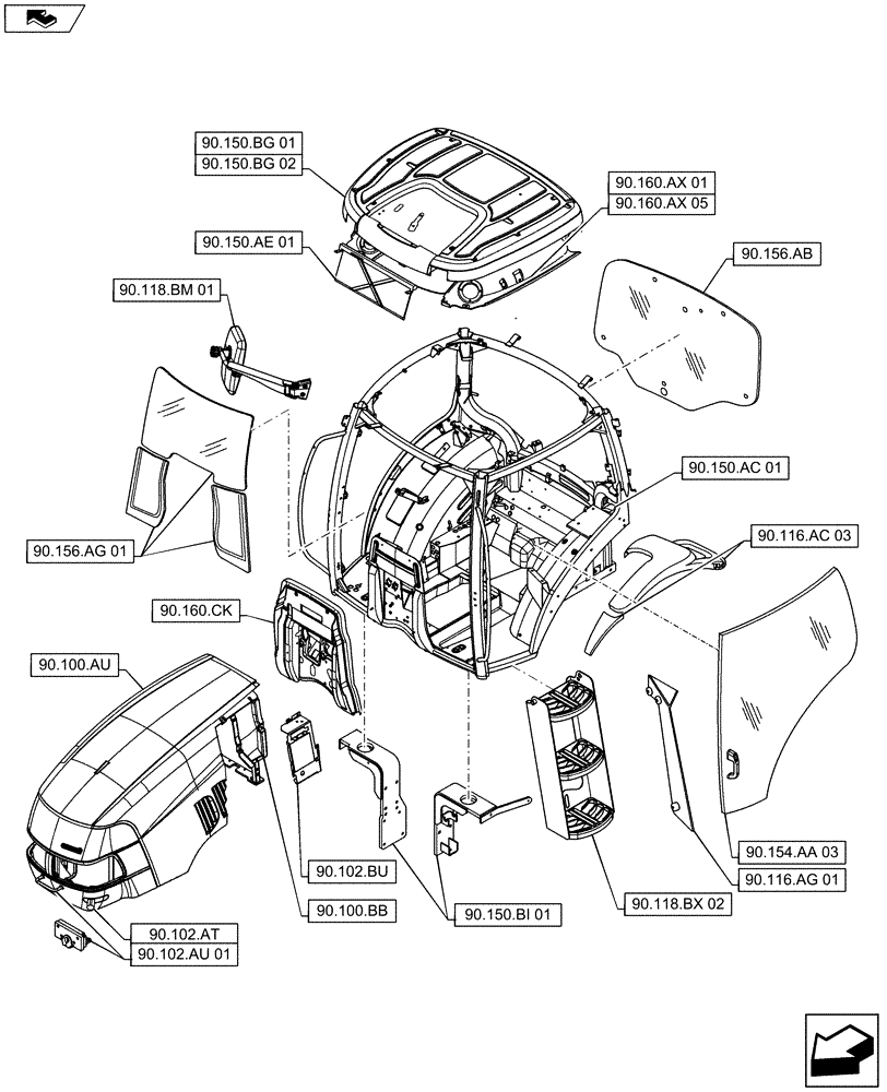 Схема запчастей Case IH MAXXUM 125 - (90.000.00[02]) - SECTION INDEX - PLATFORM, CAB, BODYWORK AND DECALS (90) - PLATFORM, CAB, BODYWORK AND DECALS