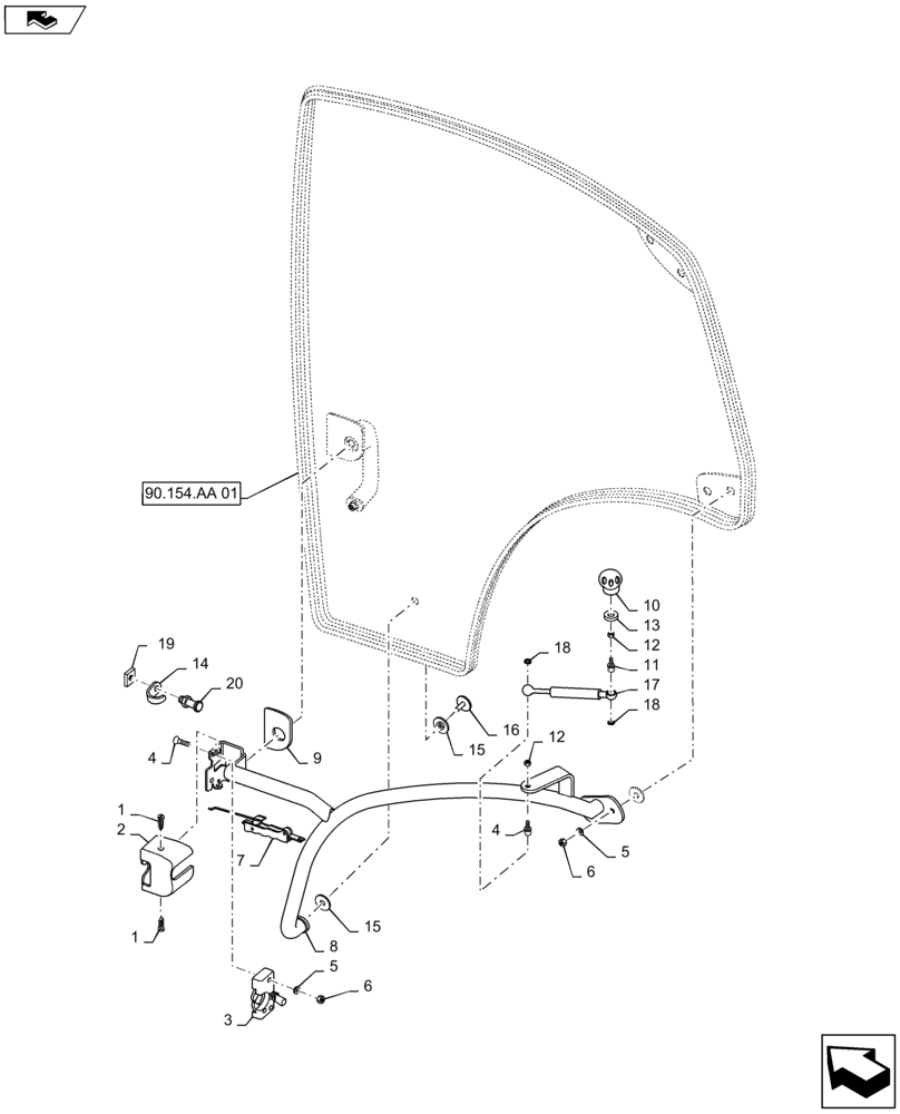 Схема запчастей Case IH MAXXUM 110 - (90.154.AA[02]) - VAR - 331609, 331619, 332618 + STD - RH CAB DOOR (90) - PLATFORM, CAB, BODYWORK AND DECALS