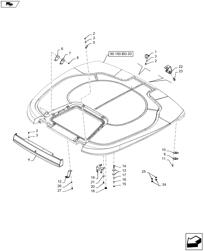 Схема запчастей Case IH MAXXUM 115 - (90.150.BG[23]) - NAR ROOF WITH LOW PROFILE - BRACKETS (90) - PLATFORM, CAB, BODYWORK AND DECALS
