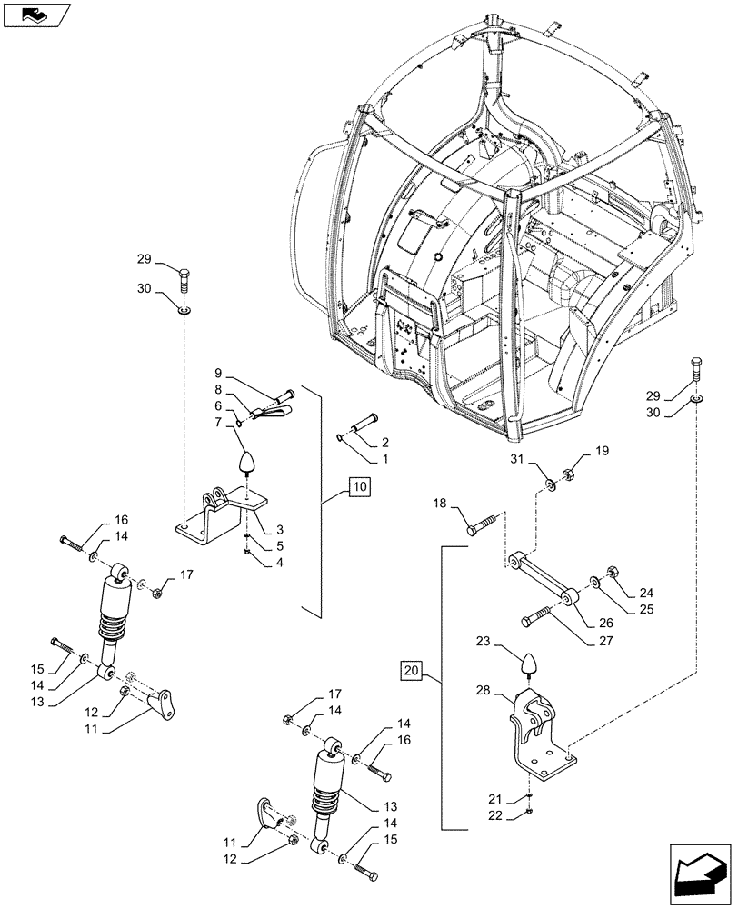 Схема запчастей Case IH MAXXUM 140 - (90.150.BI[03]) - VAR - 330658, 331658, 333679 + STD* - CAB SUPPORT WITH SUSPENSION (90) - PLATFORM, CAB, BODYWORK AND DECALS