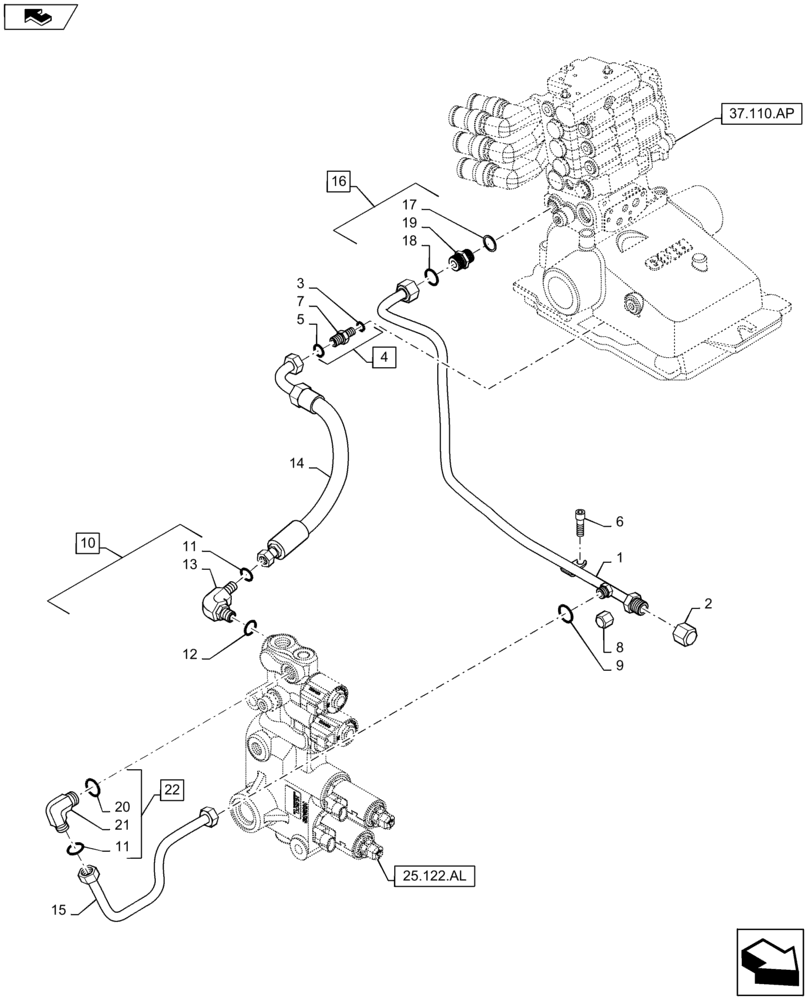 Схема запчастей Case IH MAXXUM 115 - (25.122.AM[02]) - VAR - 330414, 330427, 330429, 330430 - SUSPENDED FRONT AXLE - HYD CONTROL VALVE AND LINES (25) - FRONT AXLE SYSTEM