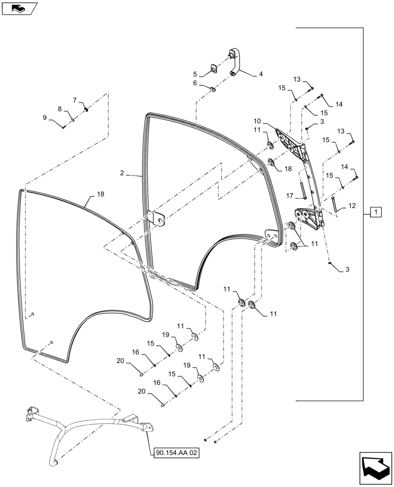 Схема запчастей Case IH MAXXUM 110 - (90.154.AA[01]) - VAR - 331609, 331619, 332618 + STD - RH CAB DOOR (90) - PLATFORM, CAB, BODYWORK AND DECALS