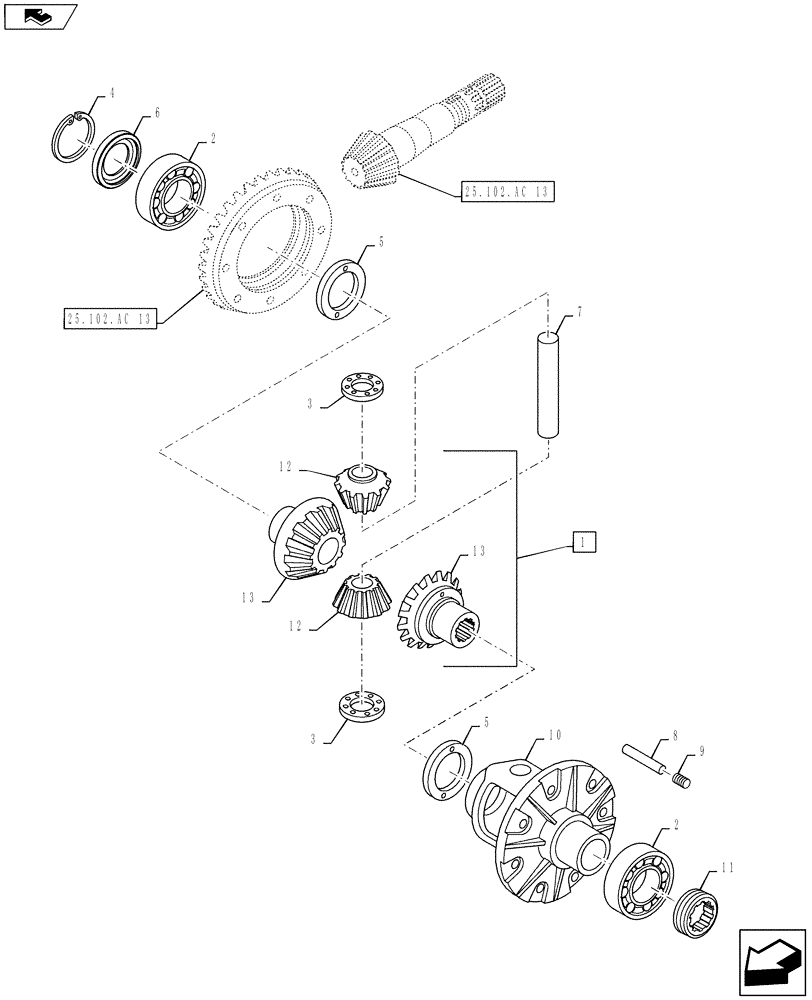 Схема запчастей Case IH MAXXUM 115 - (25.102.AC[08]) - VAR - 330414, 330427 - CL.3 SUSPENDED FRONT AXLE - DIFFERENTIAL BREAKDOWN (25) - FRONT AXLE SYSTEM