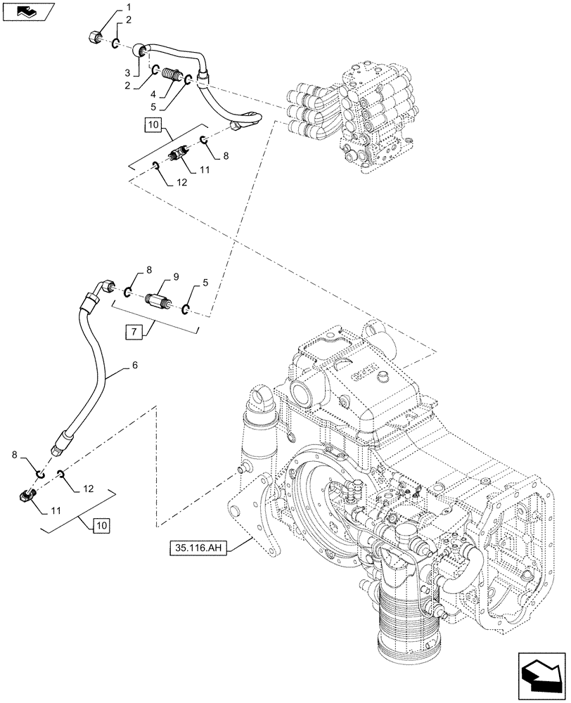 Схема запчастей Case IH MAXXUM 140 - (35.116.AD) - VAR - 331145, 331146 + STD - HYDRAULIC PUMP 113 L/MIN CCLS - PIPES TO LIFT CYLINDER (35) - HYDRAULIC SYSTEMS