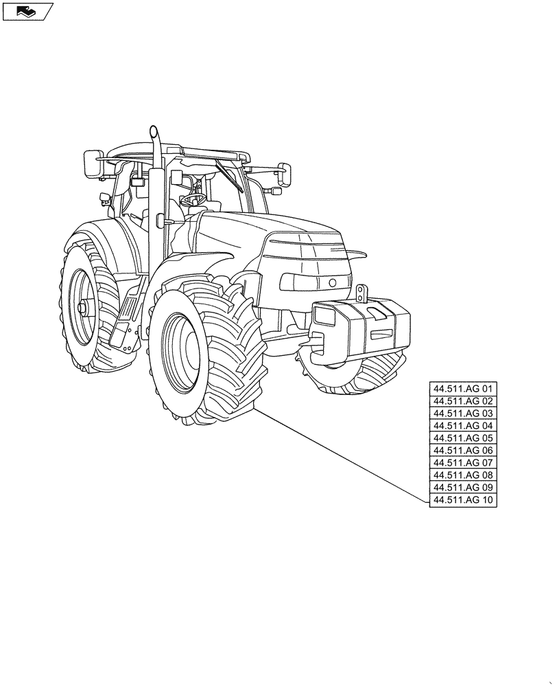 Схема запчастей Case IH MAXXUM 110 - (00.000.44[01]) - PICTORIAL INDEX - WHEELS - FRONT (00) - GENERAL & PICTORIAL INDEX