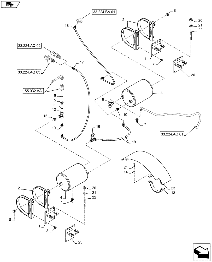 Схема запчастей Case IH MAXXUM 140 - (33.224.AF) - VAR - 332727, 332737 - PNEUMATIC TRAILER BRAKE - TANKS AND PIPES (33) - BRAKES & CONTROLS