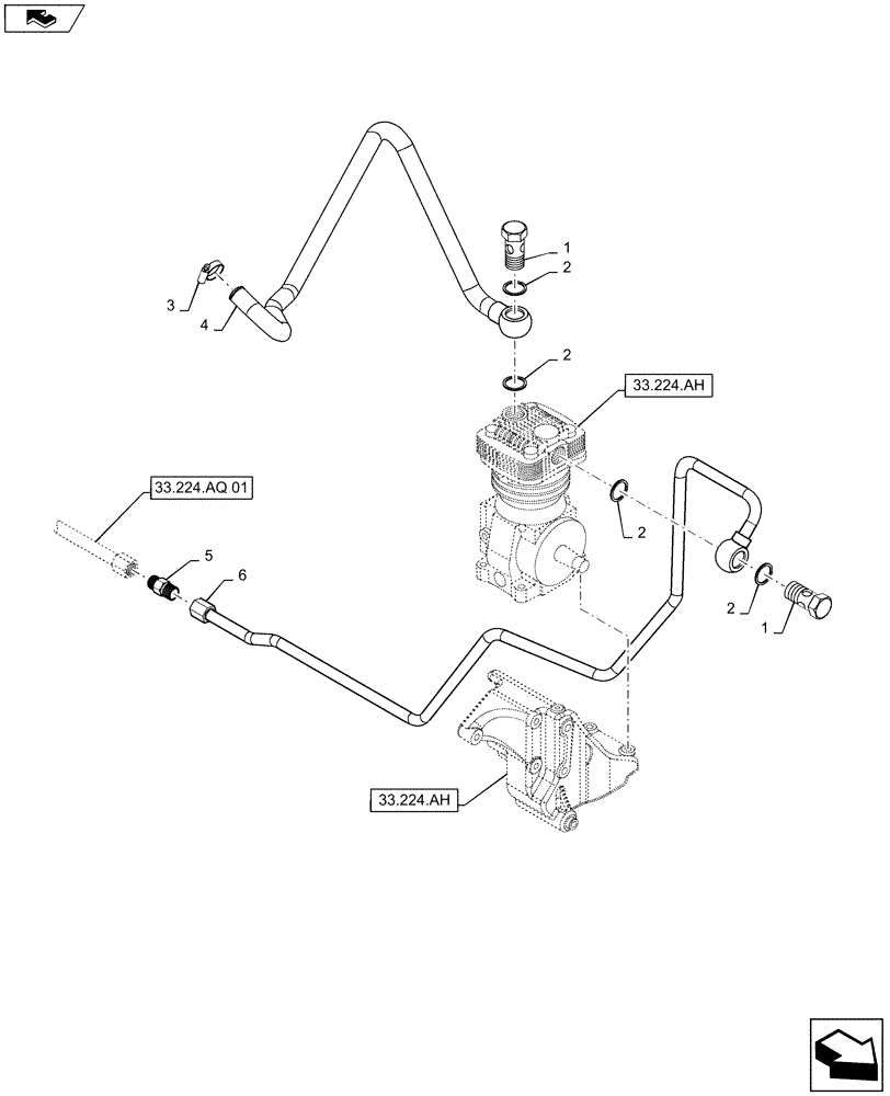 Схема запчастей Case IH MAXXUM 115 - (33.224.AJ) - VAR - 332727, 332737, 332739 - PNEUMATIC TRAILER BRAKE - AIR COMPRESSOR - PIPES (33) - BRAKES & CONTROLS