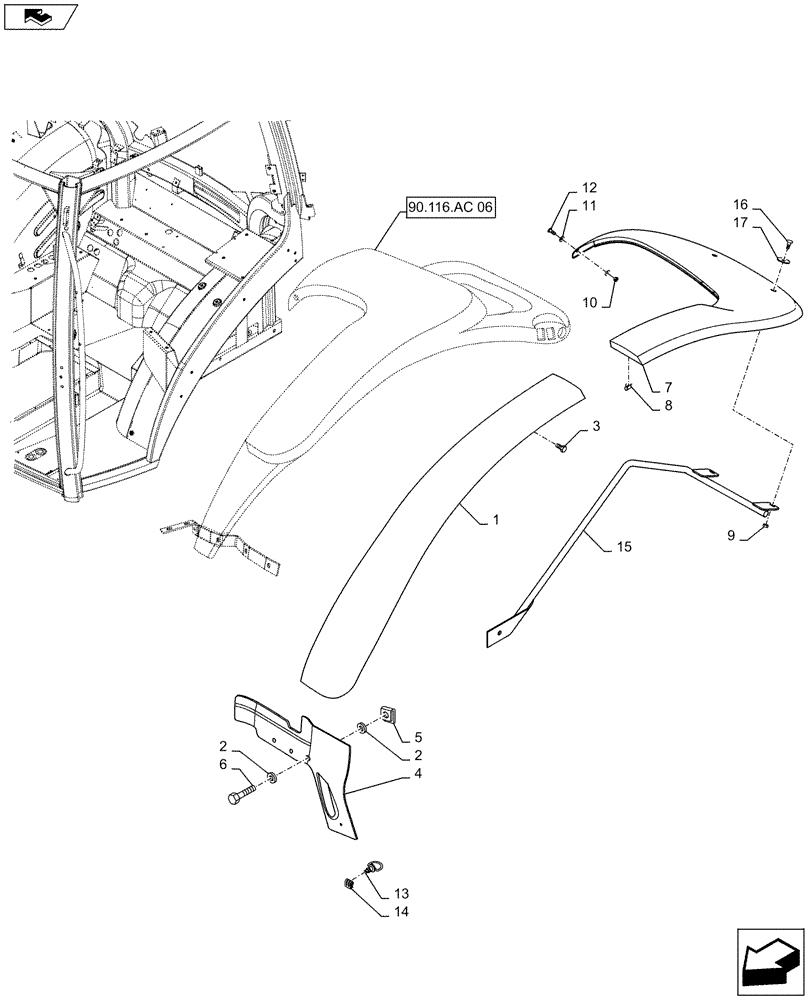Схема запчастей Case IH MAXXUM 140 - (90.116.AC[11]) - VAR - 338122, 338201 - STANDARD REAR FENDERS WITH EXTENSIONS - EXTENSIONS (90) - PLATFORM, CAB, BODYWORK AND DECALS