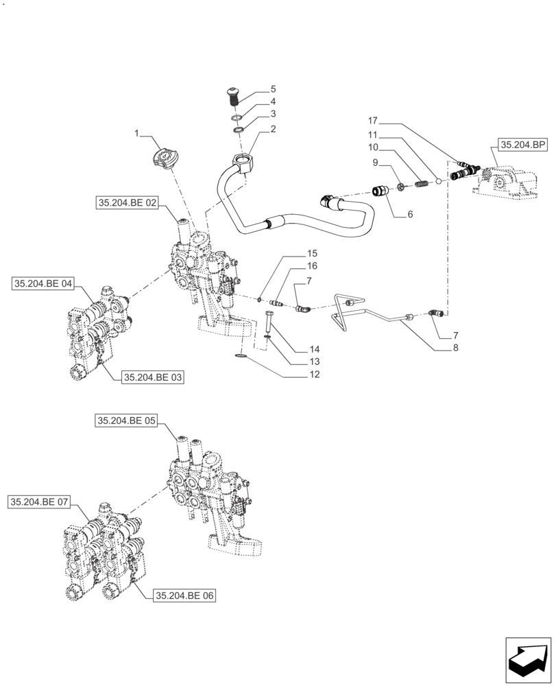 Схема запчастей Case IH FARMALL 110A - (35.204.BJ[01]) - REMOTE CONTROL VALVE, HOSES (1 & 2 VALVES) - AFTER SN: CF01573M, CF01578M (35) - HYDRAULIC SYSTEMS