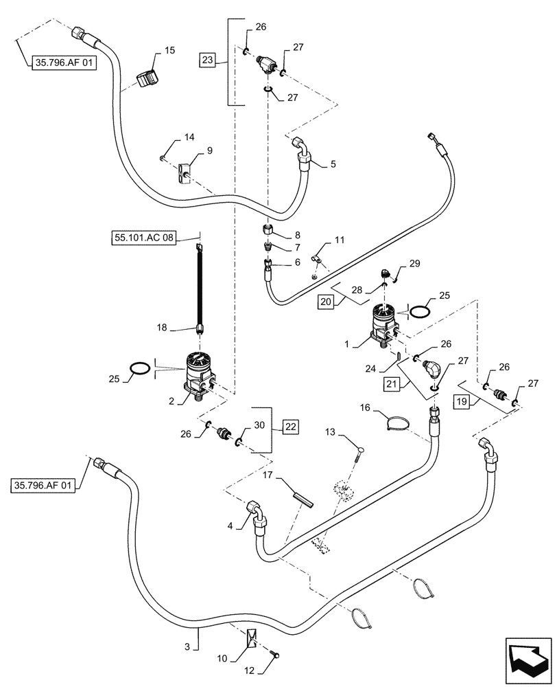 Схема запчастей Case IH 7230 - (35.796.AC[01]) - CHAFF SPREADER, HYDRAULIC SYSTEM, HORIZONTAL, BSN YDG222004 (35) - HYDRAULIC SYSTEMS