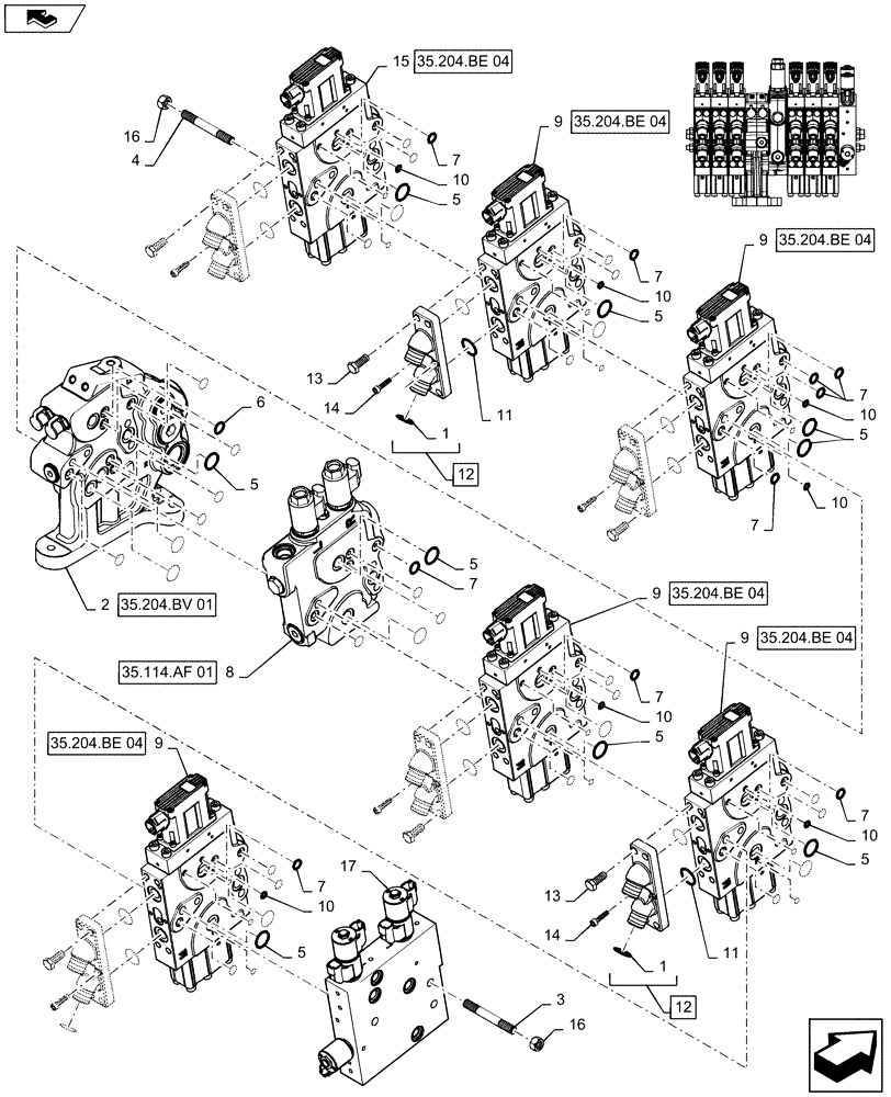 Схема запчастей Case IH MAGNUM 235 - (35.204.BE[22]) - VALVE ASSY, 6 STACK AUX VALVES MEGA FLOW WITH POWER BEYOND & TOP LINK (35) - HYDRAULIC SYSTEMS
