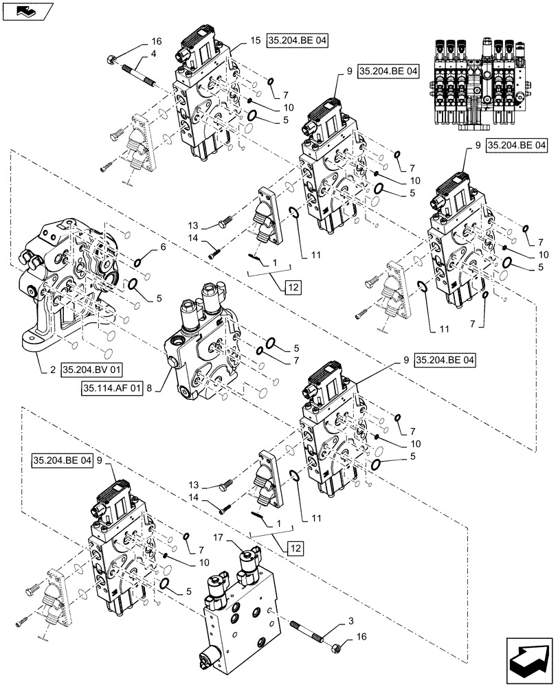 Схема запчастей Case IH MAGNUM 280 - (35.204.BE[13]) - VALVE ASSY, 5 STACK AUX VALVES STD/HI FLOW WITH POWER BEYOND & TOP LINK (35) - HYDRAULIC SYSTEMS
