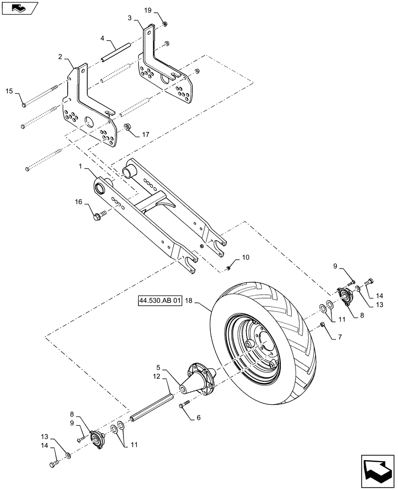 Схема запчастей Case IH 1235 - (44.530.AC[02]) - CARRIER WHEEL MOUNTING FOR 16 ROW (44) - WHEELS
