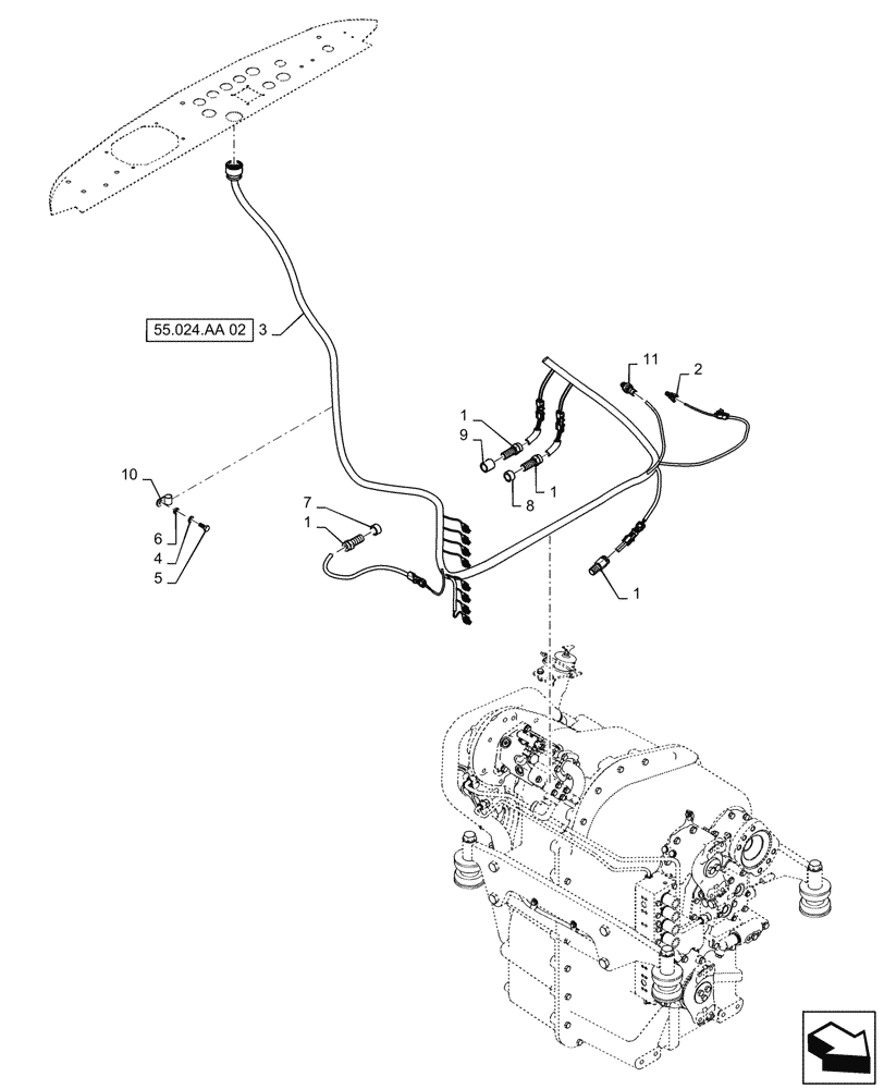 Схема запчастей Case IH STEIGER 470 - (55.024.AA[01]) - TRANSMISSION HARNESS MOUNTING, PS4, BSN ZFF308000 (55) - ELECTRICAL SYSTEMS