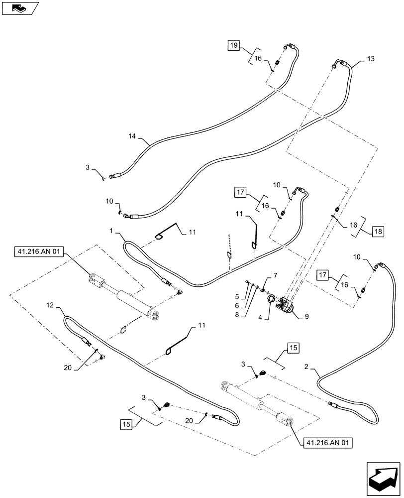 Схема запчастей Case IH 2240 - (41.216.AV[01]) - STEERING CYLINDER HYD. LINE (41) - STEERING