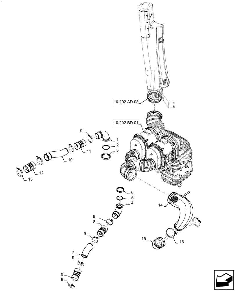 Схема запчастей Case IH QUADTRAC 500 - (10.202.AD[01]) - AIR INTAKE - AIR CLEANER TO ENGINE - 470, 500 (10) - ENGINE