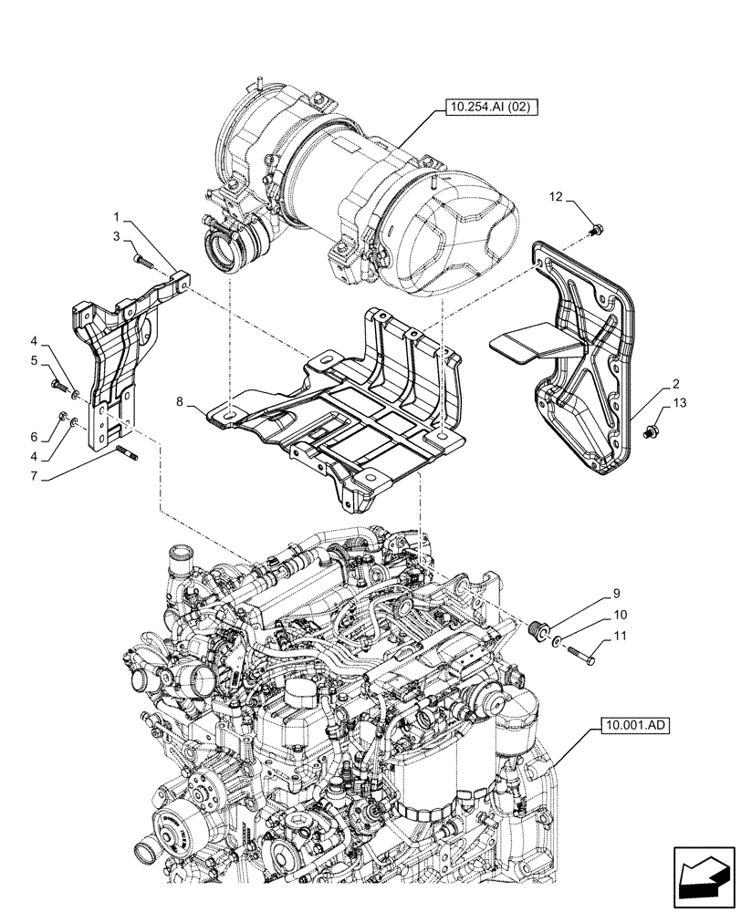 Схема запчастей Case IH FARMALL 105C - (10.254.AI[03]) - VAR - 391151, 743544, 743545 - EXHAUST SYSTEM, MUFFLER, SUPPORT (10) - ENGINE