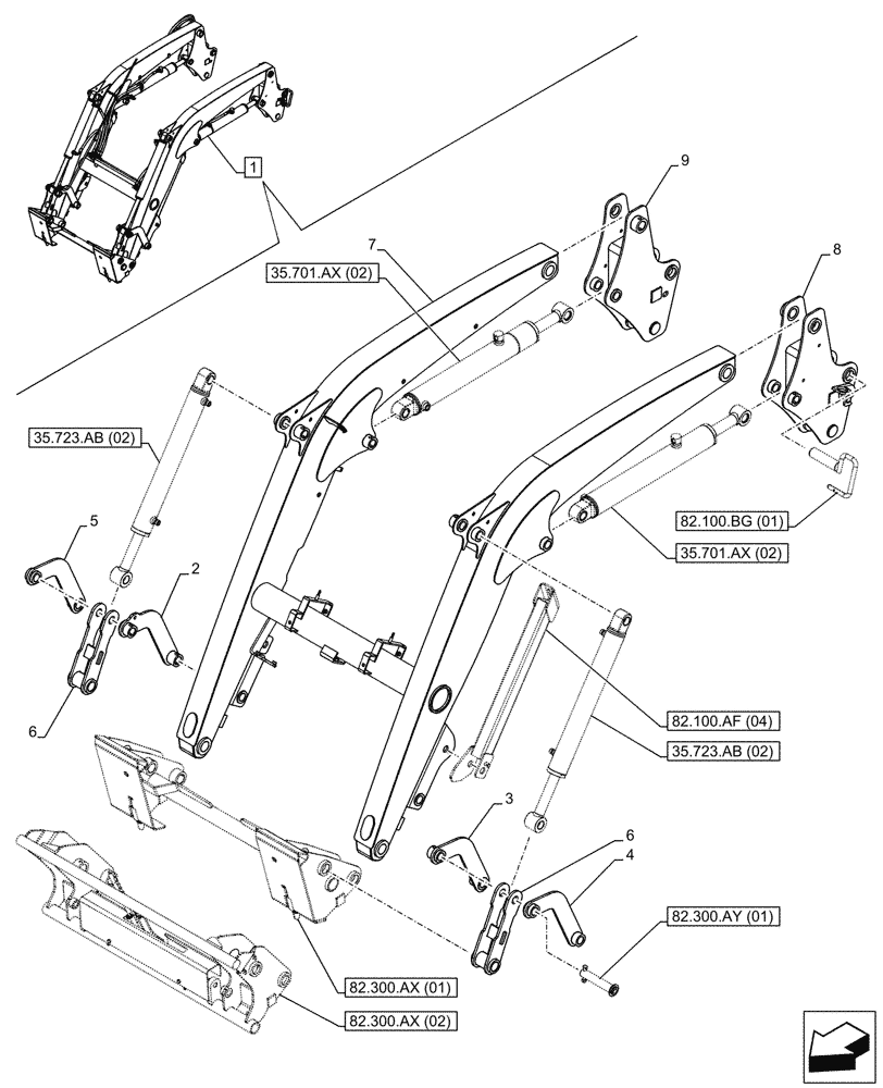 Схема запчастей Case IH FARMALL 65C - (82.100.AF[03]) - VAR - 336732, 336914 - LOADER, ARM/LIFTING DEVICE (W/ DIVERTER) (82) - FRONT LOADER & BUCKET