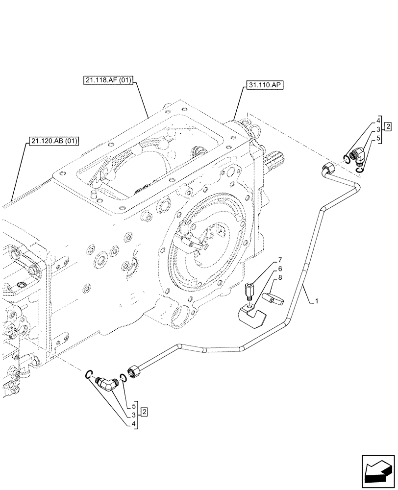 Схема запчастей Case IH FARMALL 65C - (21.104.AL[01]) - VAR - 332069, 334068 - TRANSMISSION LUBRICATION LINE (21) - TRANSMISSION