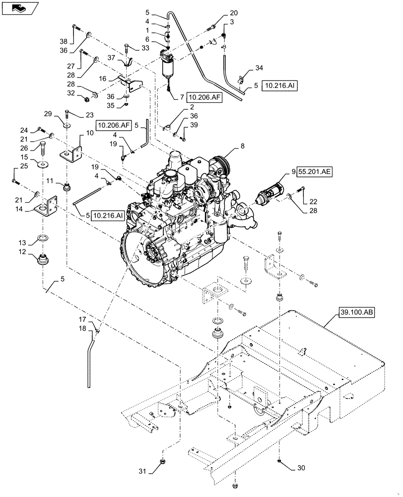 Схема запчастей Case IH WD1203 - (10.001.AJ) - ENGINE MOUNTING, 4 CYLINDER (10) - ENGINE
