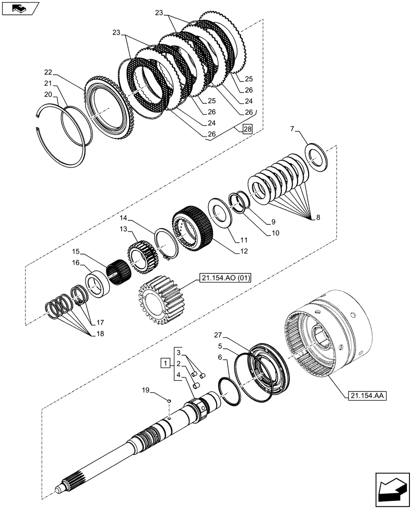 Схема запчастей Case IH FARMALL 65C - (21.154.AJ) - VAR - 330274, 330276, 334175, 334176 - TRANSMISSION, CLUTCH, DRIVEN SHAFT, DISC (21) - TRANSMISSION