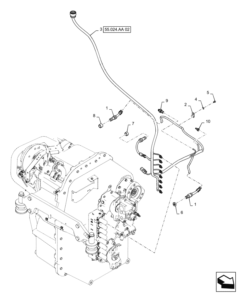 Схема запчастей Case IH QUADTRAC 620 - (55.024.AA[03]) - TRANSMISSION HARNESS MOUNTING, PS6, 500 SCRAPER, 540 SCRAPER, 580, 620, BSN ZFF308000 (55) - ELECTRICAL SYSTEMS