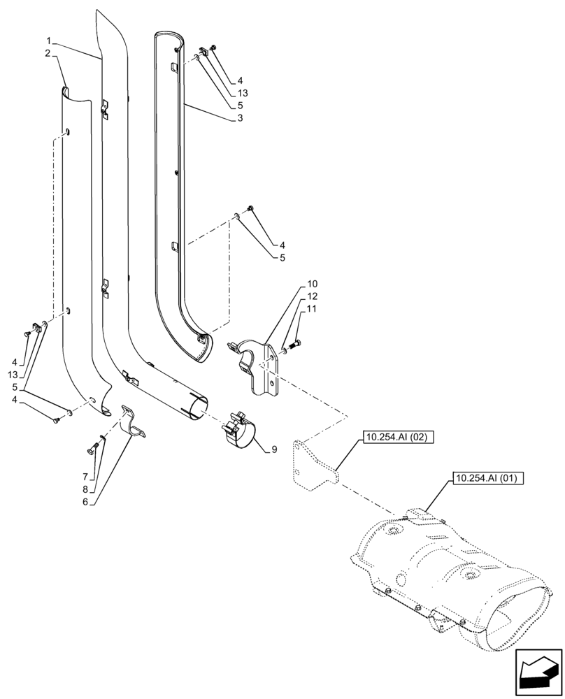 Схема запчастей Case IH FARMALL 75C - (10.254.AD[01]) - VAR - 332151, 391151 - EXHAUST SYSTEM PIPE, VERTICAL, W/O CAB (10) - ENGINE