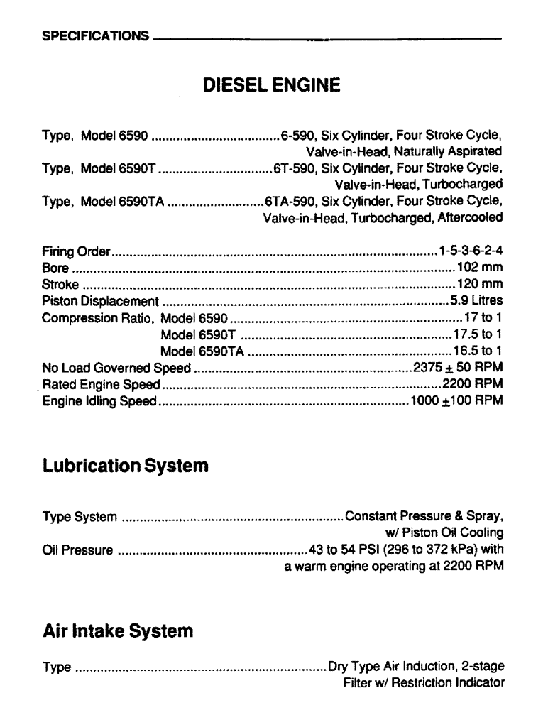 Схема запчастей Case IH 6590TA - (007) - SPECIFICATIONS, DIESEL ENGINE, LUBRICATION SYSTEM, AIR INTAKE SYSTEM 