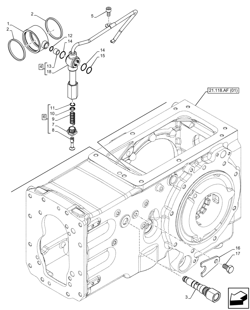 Схема запчастей Case IH FARMALL 65C - (21.100.AM[03]) - VAR - 330328, 330581, 390328, 743559 - TRANSMISSION LUBRICATION LINE, MANIFOLD, W/O CAB (SHUTTLE) (21) - TRANSMISSION
