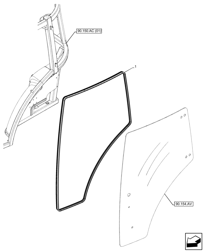 Схема запчастей Case IH FARMALL 75C - (90.154.AH) - VAR - 334183, 334211, 391606, 743496, 743573, 744588 - CAB DOOR, GLASS SEAL (90) - PLATFORM, CAB, BODYWORK AND DECALS
