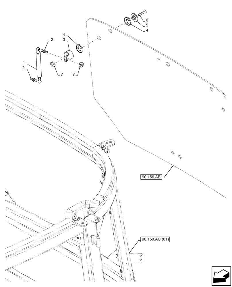 Схема запчастей Case IH FARMALL 75C - (90.156.AE) - VAR - 334183, 334211, 391606, 743496, 743573, 744588 - WINDOW, REAR, GAS STRUT (90) - PLATFORM, CAB, BODYWORK AND DECALS