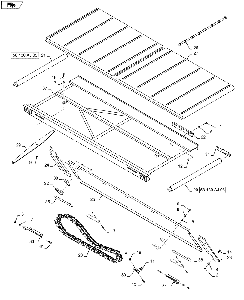 Схема запчастей Case IH DH363 - (58.130.AJ[04]) - DRAPER, DECK, DOUBLE SWATH, 30FT RH (58) - ATTACHMENTS/HEADERS